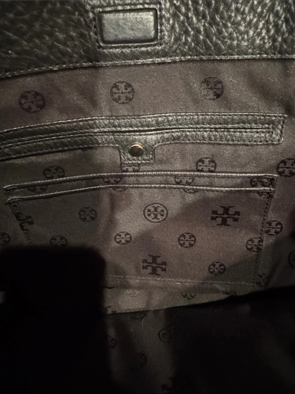 Tory Burch Black Pebbled Leather Satchel with Gold Logo